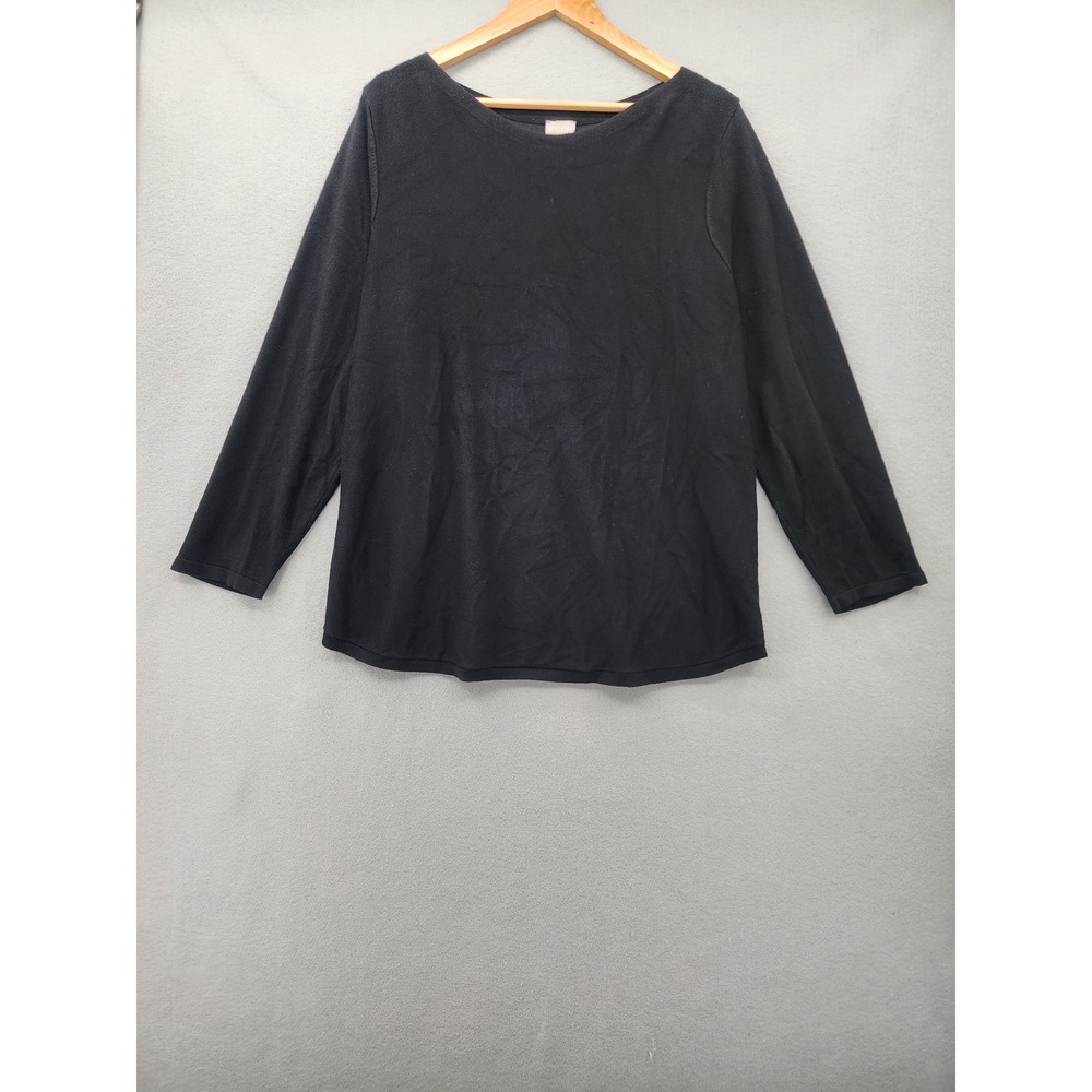 Chicos Black Knit Top Long Sleeve Rayon Blend Boat Neck Shirt Size 3 XL Pullover